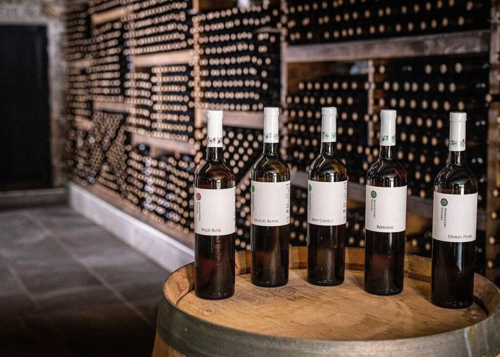 King David, Wild Rose and Ohrid Pearl wines produced at Monastery Winery near Ohrid